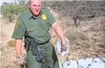  ??  ?? A frame grab (above) from a No More Deaths video shows a Border Patrol agent dumping out water left for migrants by humanitari­an groups. No More Deaths left one such cache (top) at Organ Pipe Cactus National Monument while searching for a missing...