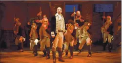  ?? DISNEY PLUS ?? Playwright and star Lin-Manuel Miranda, center, and the rest of the original cast are featured in “Hamilton,” coming to Disney Plus July 3.