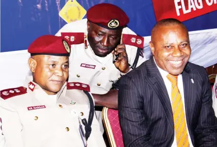  ??  ?? From left: Deputy Corps Marshal, Federal Road Safety Corps, Mr. Ahmed Hassan; Head, Media Relations and Strategy, FRSC, Mr. Bisi Kazeem; and Corporate Media/ Brand Public Relations Manager, Nigerian Breweries Plc, Mr. Edem Vindah, during the Don’t...