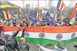  ?? ANI ?? Bahujan Samajwadi Manch organises a Tiranga Yatra (tricolour rally) in solidarity with the farmers protesting against the new farm laws at Ghazipur Border on Sunday.