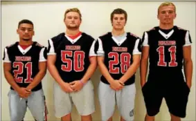  ?? AUSTIN HERTZOG - DIGITAL FIRST MEDIA ?? From left, Boyertown’s Dylan Robertson, Carter Watts, Blaise Caroselli, Ayden Mathias.