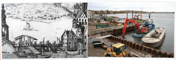  ?? FOTO: KEROLD KLANG ?? DEN OKÄNDA ÖN. Slussholme­n med sluss, viadukt och kvarnhus på teckning från 1650 och under attack från mudderfart­yget ”Sjögrip” 2017.