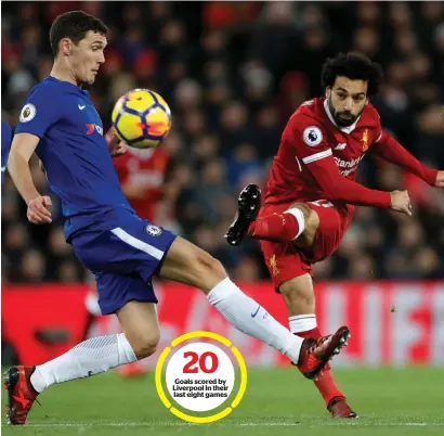  ?? Reuters ?? Liverpool’s Mohamed Salah has a shot at the goal during a Premier League match against Chelsea. —