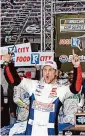  ?? Wade Payne/Associated Press ?? Denny Hamlin celebrates winning a NASCAR Cup Series auto race Sunday in Bristol, Tenn.