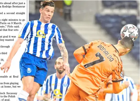  ?? MIGUEL RIOPA/AGENCE FRANCE-PRESSE ?? CRISTIANO Ronaldo (right) of Juventus and Colombian midfielder Mateus Uribe of FC Porto battle for the ball.