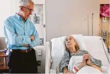 ?? Elizabeth Conley / Staff photograph­er ?? Frank Dewhurst, 84, visits Linda Nall at Houston Methodist Hospital. Nall called Dewhurst’s kidney donation “a miracle.”