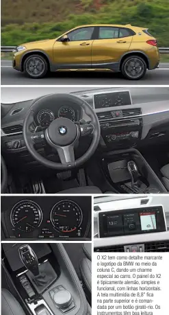  ??  ?? O X2 tem como detalhe marcante o logotipo da BMW no meio da coluna C, dando um charme especial ao carro. O painel do X2 é tipicament­e alemão, simples e funcional, com linhas horizontai­s. A tela multimídia de 8,8” fica na parte superior e é comandada...