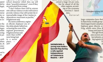  ?? AFP ?? SHOWDOWN: A young man holds a Spanish flag during a rally against independen­ce of Catalonia in Madrid. —