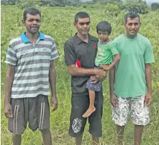  ?? Photo: Arieta Vakasukawa­qa ?? From left: Shiu Prasad, Sandeep Chand and Sachin Prasad at their family farm in Bilalevu along the Sigatoka Valley Road on January 30, 2018.