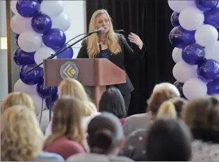  ?? Dan Watson/For The Signal ?? Crime Survivors inc. Founder and CEO Patricia Wenskunas speaks to a group of about 150 attendees at the Domestic Violence Summit held at College of the Canyons in Valencia on Friday.