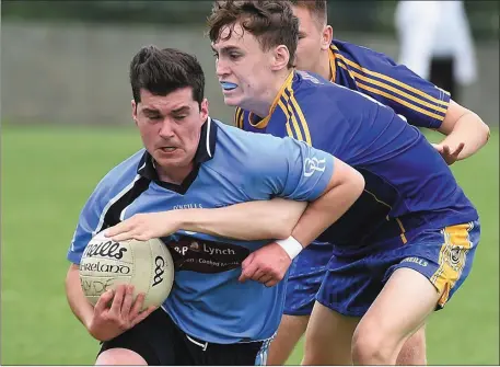  ??  ?? Wolfe Tones duo Sam Kelly and Chris Cudden combine to close down Glyde Rangers’ Fiachra Sheridan.