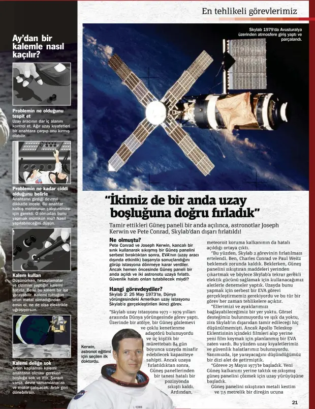  ??  ?? Kerwin, astronot eğitimi için seçilen ilk doktordu.
Skylab 1979’da Avusturaly­a üzerinden atmosfere giriş yaptı ve
parçalandı.