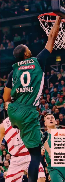  ??  ?? Brandon Davies, 27 anni, centro del Kaunas, vola sopra Milano