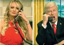  ??  ?? Stormy Daniels with Alec Baldwin as Donald Trump in an NBC picture from ‘Saturday Night Live’ comedy show