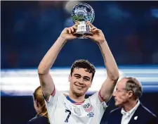  ?? ?? United States forward Gio Reyna celbrates after a win over Mexico during a CONCACAF Nations League final soccer match Sunday in Arlington, Texas.