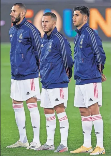  ??  ?? Benzema, Hazard y Asensio, juntos antes del partido contra el Inter en el Di Stéfano.