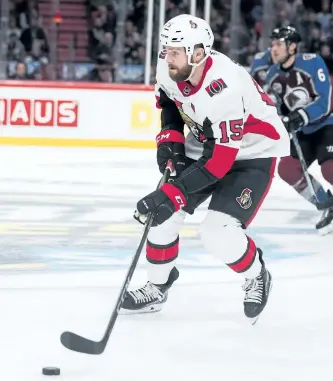  ?? PETTER NILSSON/ GETTY IMAGES ?? Ottawa Senators’ winger Zack Smith carries the puck up ice during the 2017 SAP NHL Global Series match between Senators and Colorado Avalanche, at Ericsson Globe on Nov. 10, in Stockholm.