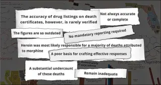  ?? MAHIMA SINGH / PALM BEACH POST ?? As excerpts from reports and academic papers attest, flawed local, state and national records skew the true scope of the worst opioid epidemic in U.S. history. Among the problems: Heroin-related deaths are undercount­ed even as deaths linked to prescripti­on opioids are overcounte­d.