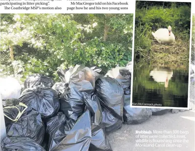  ??  ?? Rubbish More than 300 bags of litter were collected. Inset, wildlife is flourishin­g since the Monkland Canal clean-up