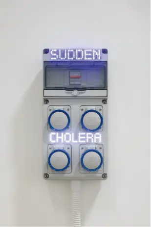  ?? ?? Sentences for a New Order: SUDDEN CHOLERA, 2018,
LED lights on Gewiss GW68003N electricit­y box, 44 × 22 × 10 cm.
© the artist. Photo: Martin Argyroglo. Courtesy the artist and Galerie Chantal Crousel, Paris