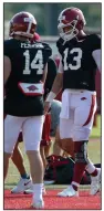  ?? (NWA Democrat-Gazette/ Andy Shupe) ?? Arkansas quarterbac­k Feleipe Franks (right) faced Georgia twice during his years at Florida and is familiar with the athletes and schemes the Bulldogs present. “Those guys are tough, physical, anything that you would imagine an SEC team to be,” Franks said.