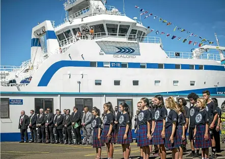  ?? PHOTOS: VIRGINIA WOOLF/STUFF ?? The St Joseph’s School kapa haka group performs during the official launch of Sealord’s new factory trawler Tokatu. The Norwegian-built vessel has already made several fishing trips, overlappin­g with the busy hoki season.