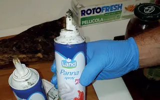  ??  ?? Sequestrat­a La panna spray scaduta trovata all’interno di un bar della Valsugana. I carabinier­i del Nas hanno trovato anche pancetta e formaggio avariati