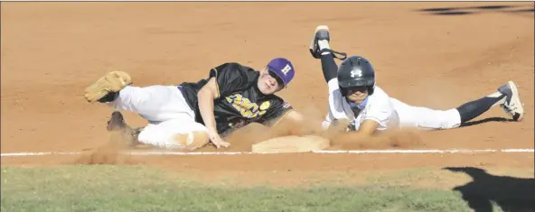  ??  ?? YUMA CATHOLIC’S ANTHONY CARRILLO slides head-first into third base and avoids the tag from Lake Havasu’s position player during Wednesday’s game.