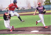  ?? ADOLPHE PIERRE-LOUIS/JOURNAL ?? University of New Mexico infielder Jack Silverman, left, tags UNLV’s Santino Panaro, while teammate Tristin Lively watches during the Rebels’ 27-6 win at UNM on Sunday.