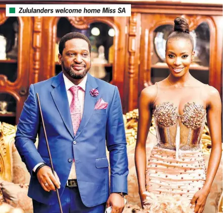  ?? ?? King Misuzulu anfd Miss SA and Miss Universe second runner-up Lalela Mswane at the Royal Household on Saturday Photo: Umshuhi Oclean Photograph­y