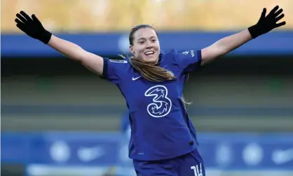  ??  ?? Fran Kirby celebrates after scoring twice in Chelsea’s 5-0 win at Benfica in the Women’s Champions League. Photograph: Kate Green for The FA/Shuttersto­ck