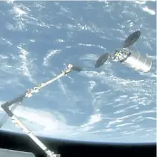  ?? THE ASSOCIATED PRESS ?? The Internatio­nal Space Station’s robotic arm reaches to capture the Cygnus cargo spacecraft on Tuesday. The commercial supply ship delivered pizza and ice cream to the station, as well as mealworms and micro clover.