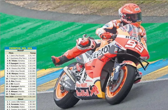  ??  ?? Marc Márquez salva una caída durante los primeros entrenamie­ntos libres ayer en el circuito francés de Le Mans.