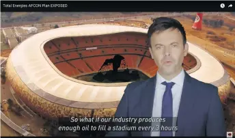  ?? Photo: Youtube ?? Footage from a video made by Greenpeace during Rugby World Cup 2023 showing the Stade de France in Paris filling up with oil.