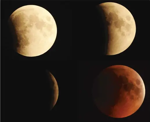  ?? GETTY IMAGES FILE ?? A combinatio­n of photos taken in Islamabad, Pakistan, shows the moon in various stages of a total lunar eclipse on June 16, 2011.