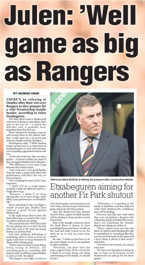  ??  ?? ’Well boss Mark McGhee is feeling the pressure after consecutiv­e defeats.