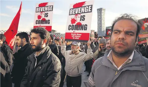  ?? Picture / AP ?? Iranians took to the streets of Tehran in January with anti- Saudi placards after Saudi Arabia executed Sheikh Nimr al- Nimr, a prominent opposition Saudi Shia cleric, in one of a growing number of incidents that have raised tensions between the nations.