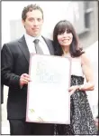  ??  ?? Carol Goldsmith, wife of Jerry Goldsmith and son Aaron Goldsmith attend the posthumous Walk of Fame ceremony for composer Goldsmith at 6752 Hollywood boulevard in Hollywood on May 9. (AFP)