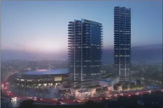  ?? Artwork contribute­d ?? The City of Kelowna has received a developmen­t proposal for two towers, of 37 and 27 storeys, for between the front entrance of Prospera Place and Water Street. The project would also include new commercial premises on what is now the arena’s main...