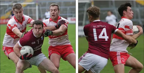  ??  ?? Paudie Kelly of St. Martin’s under pressure from Dean O’Toole and Denis Jones. Páuric Hughes of Kilanerin is tackled by Jack O’Connor.