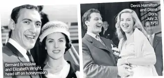  ??  ?? Bernard Bresslaw and Elizabeth Wright, head off on honeymoon
Denis Hamilton and Diana Dors, July 3,
1951