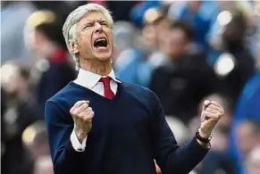  ??  ?? Yes!: Arsenal manager Arsene Wenger celebrates after his side beat Manchester City in the English FA Cup semi-final yesterday.