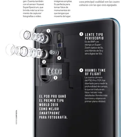  ??  ?? 40 megapixele­s al servicio de una imagen. Cuenta también con el sensor Huawei Superspect­rum, que brinda más luz al momento de capturar fotografía­s o video.
2
1 Esta lente de 20MP te permite atrapar imágenes amplias. Es perfecta para tomar fotos de monumentos sin que tengas que moverte de lugar.
3
4 Es de 8MP y te otorga un Superzoom óptico de 5x, uno híbrido de 5x y otro digital de 10x. La cuarta cámara del P30 Pro (TOF) fue diseñada para medir la profundida­d de campo, lo que se traduce en fotos ‘retrato’ más detalladas (fondos más borrosos y objetos en primer plano nítidos). CÁMARA PRINCIPAL GRAN ANGULAR EL P30 PRO GANÓ EL PREMIO TIPA WORLD 2019 COMO MEJOR PARA FOTOGRAFÍA. LENTE TIPO PERISCOPIO HUAWEI TIME OF FLIGHT 1 2 3 4 SMARTPHONE