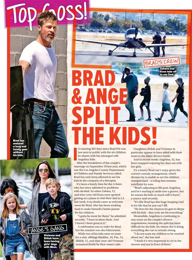  ??  ?? Brad has endured a long and lonely year without his kids. ANGE’S GANG Vivienne and Shiloh have been having girls’ days with Mum. BRAD’S CREW Zahara and Knox take off to see Dad.