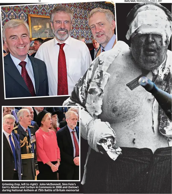  ??  ?? Grinning (top, left to right): John McDonnell, Sinn Fein’s Gerry Adams and Corbyn in Commons in 2008 and (below) during National Anthem at 75th Battle of Britain memorial