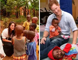  ??  ?? THEIR WORK Meghan is an ambassador for World Vision (above left), while Harry co-founded Sentebale, a charity that helps disadvanta­ged children in Africa.