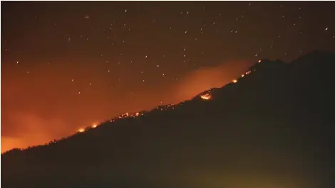  ?? YOHANES BUDI CAHYONO FOR RADAR BANYUWANGI ?? DILALAP API: Kobaran api di lereng Gunung Raung dari persawahan Desa Salamrejo, Kecamatan Glenmore, Banyuwangi, Jumat malam (4/10).
