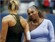  ?? ADAM HUNGER — THE ASSOCIATED PRESS ?? Kaia Kanepi, of Estonia, left, congratula­tes Serena Williams after their fourth round of the U.S. Open tennis tournament, Sunday in New York.