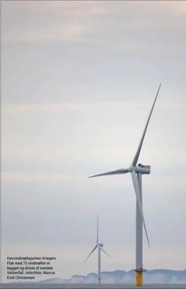  ?? ?? Havvindmøl­leparken Kriegers Flak med 72 vindmøller er bygget og drives af svenske Vattenfall. Arkivfoto: Marcus Emil Christense­n