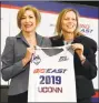  ?? Richard Drew / Associated Press ?? Former UConn president Susan Herbst, left, and Big East Commission­er Val Ackerman, pose for photos at the announceme­nt that the Huskies would be re-joining the Big East Conference at Madison Square Garden in June of 2019.